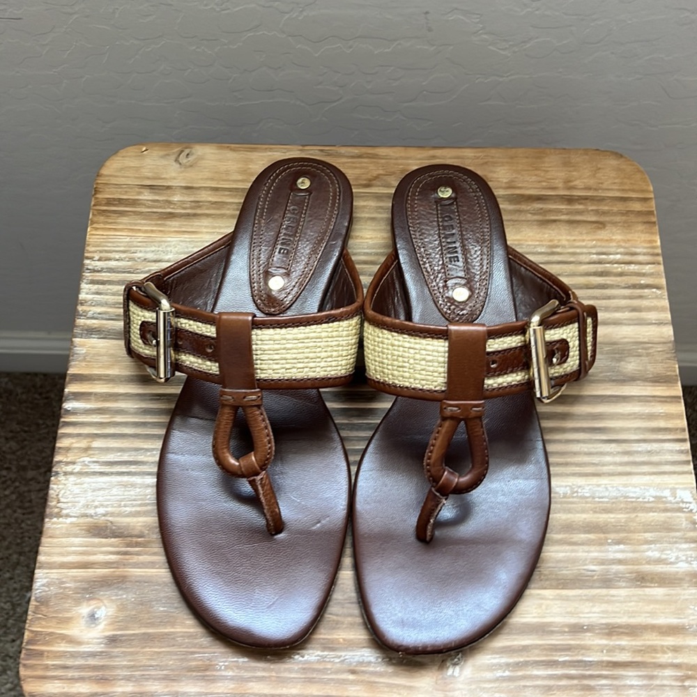 Celine dark brown calf with tan raffia flat sandal